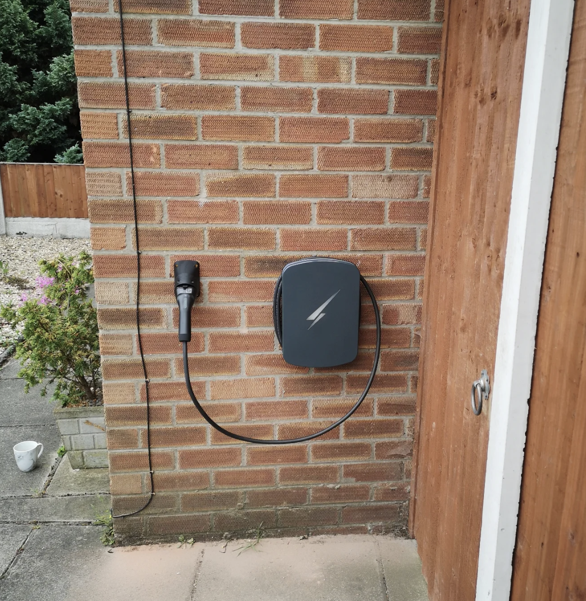 EV charger and Type 2 connector installed on a brick wall