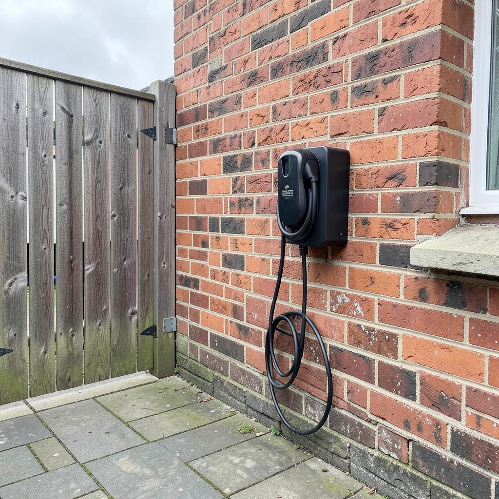 Black tethered EV charger installed on a red brick wall beside a wooden gate