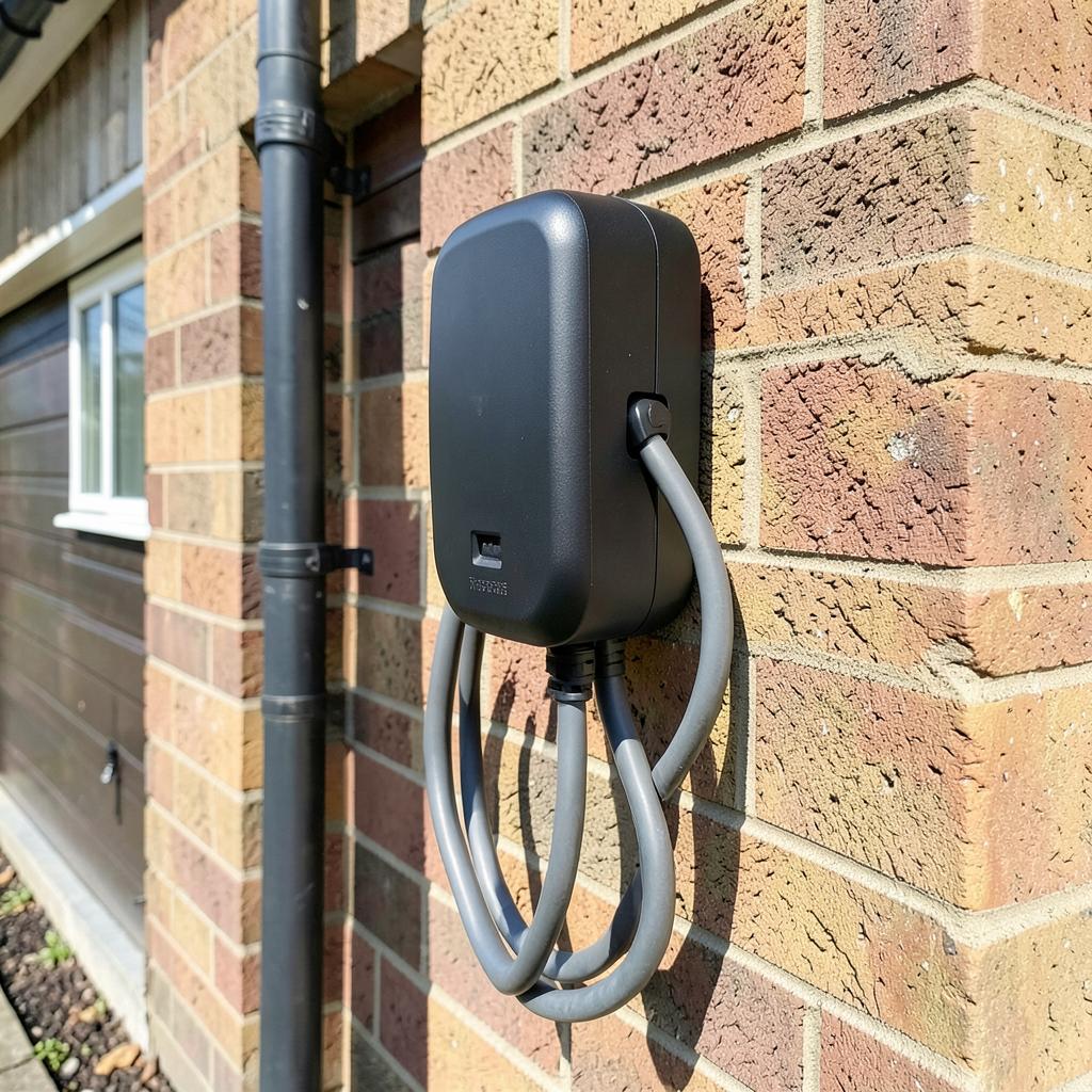 Close view of a black EV charger with coiled cable on brickwork