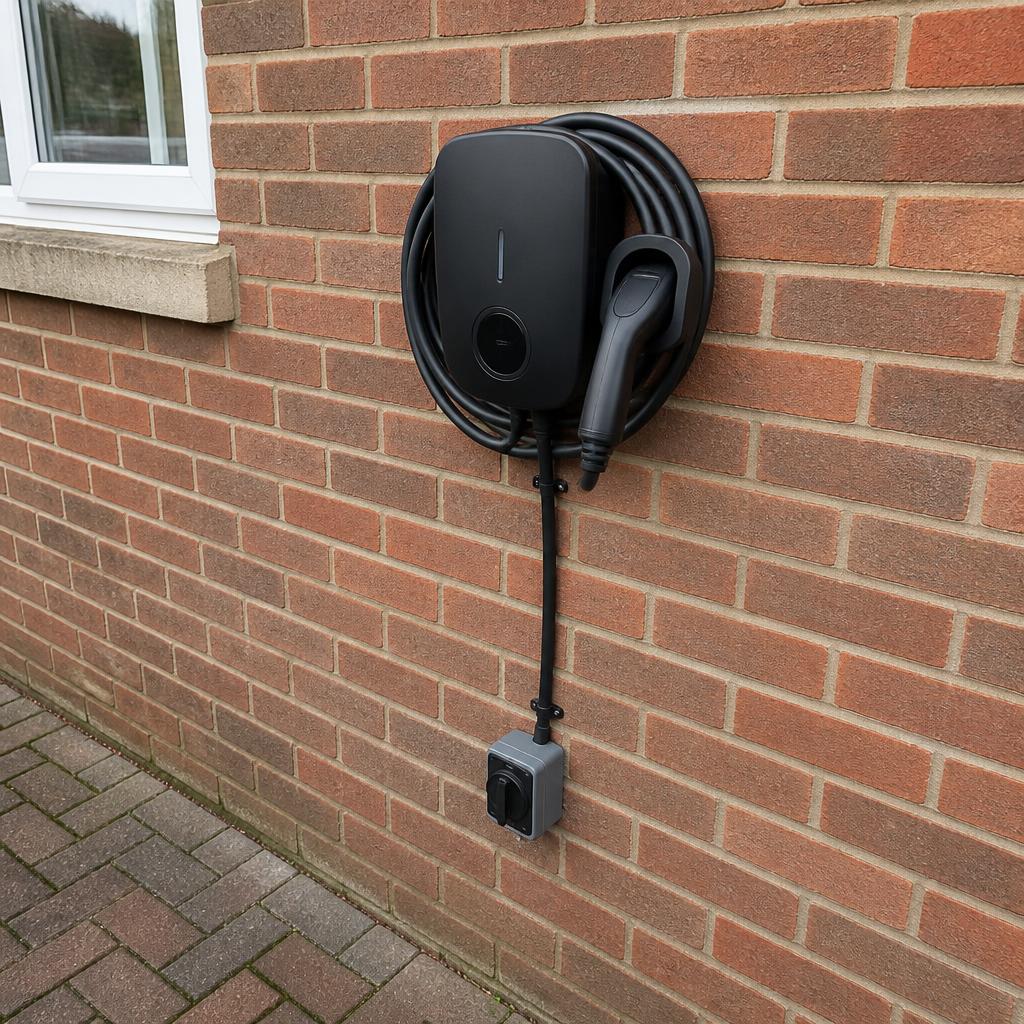 Electric car charging from a newly installed charger on a block-paved driveway